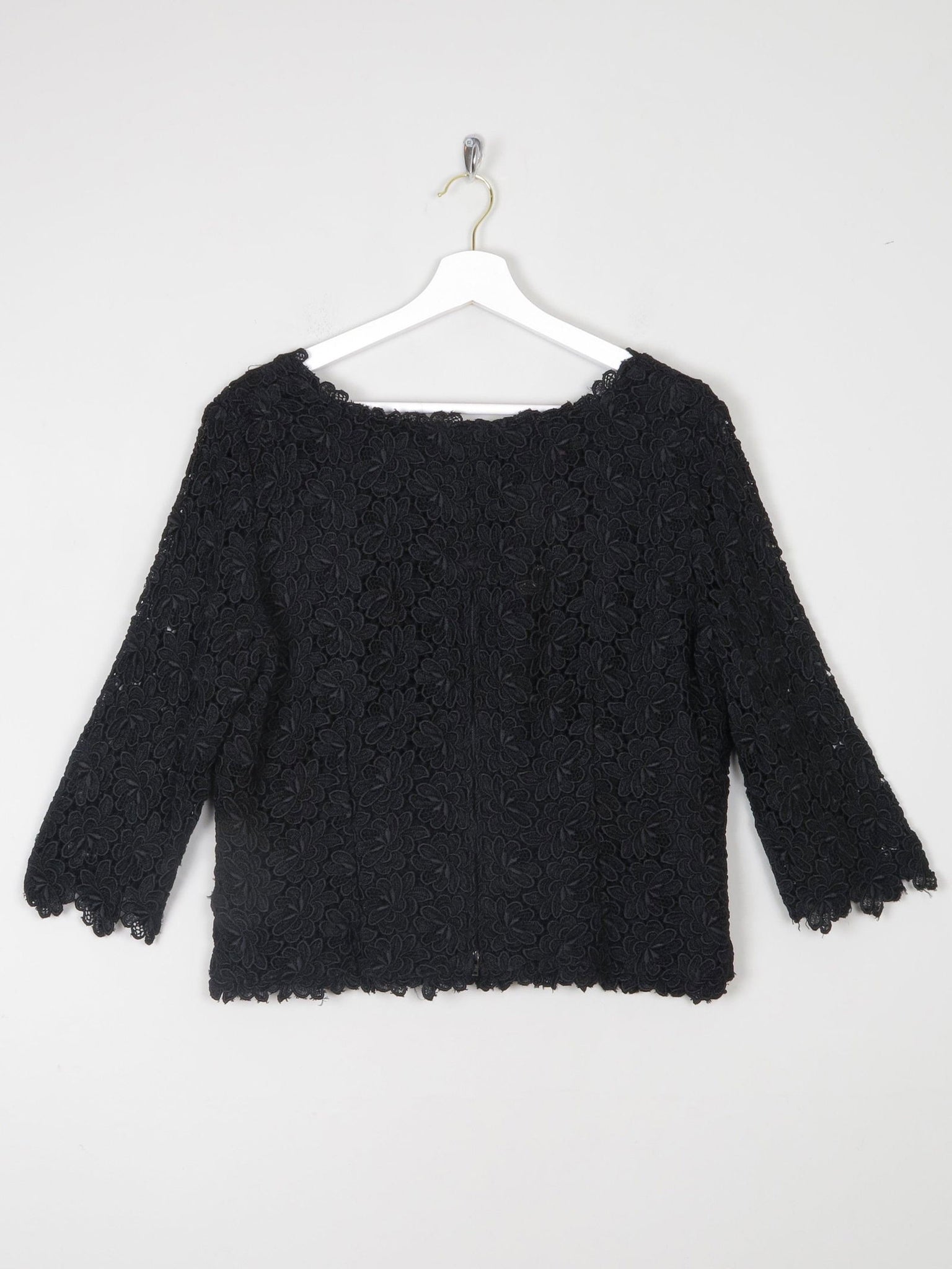 Women's Black Lace 3/4 Sleeved Boat Neck 1950s Evening Top L - The Harlequin