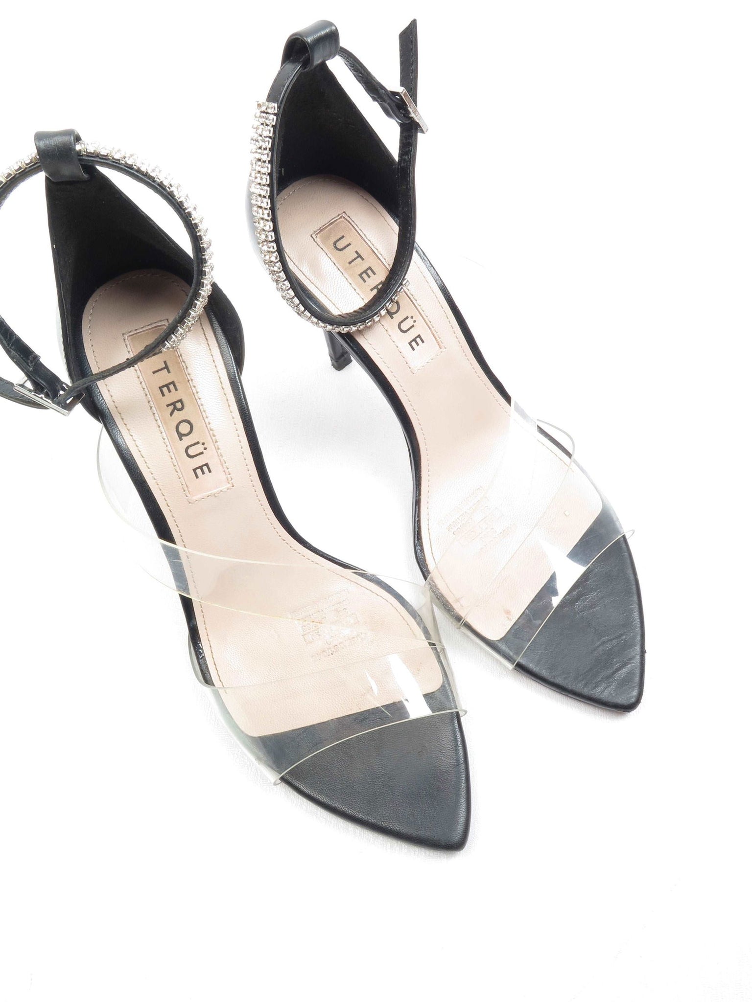 Women’s Black Leather Uterque Leather Diamanté & Vinyl Heels 5 UK 38 - The Harlequin