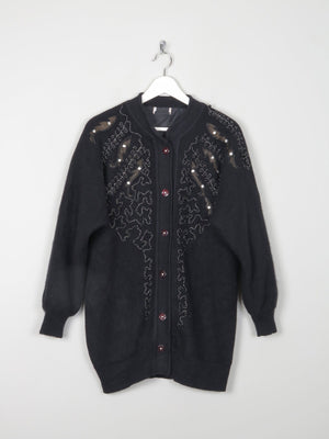 Women's Black Vintage Wool Cardigan With Beads & Lurex Trims S/M - The Harlequin