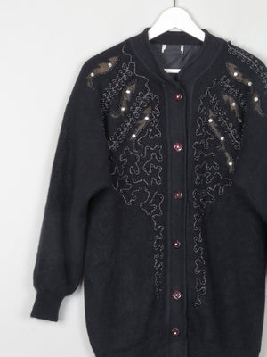 Women's Black Vintage Wool Cardigan With Beads & Lurex Trims S/M - The Harlequin
