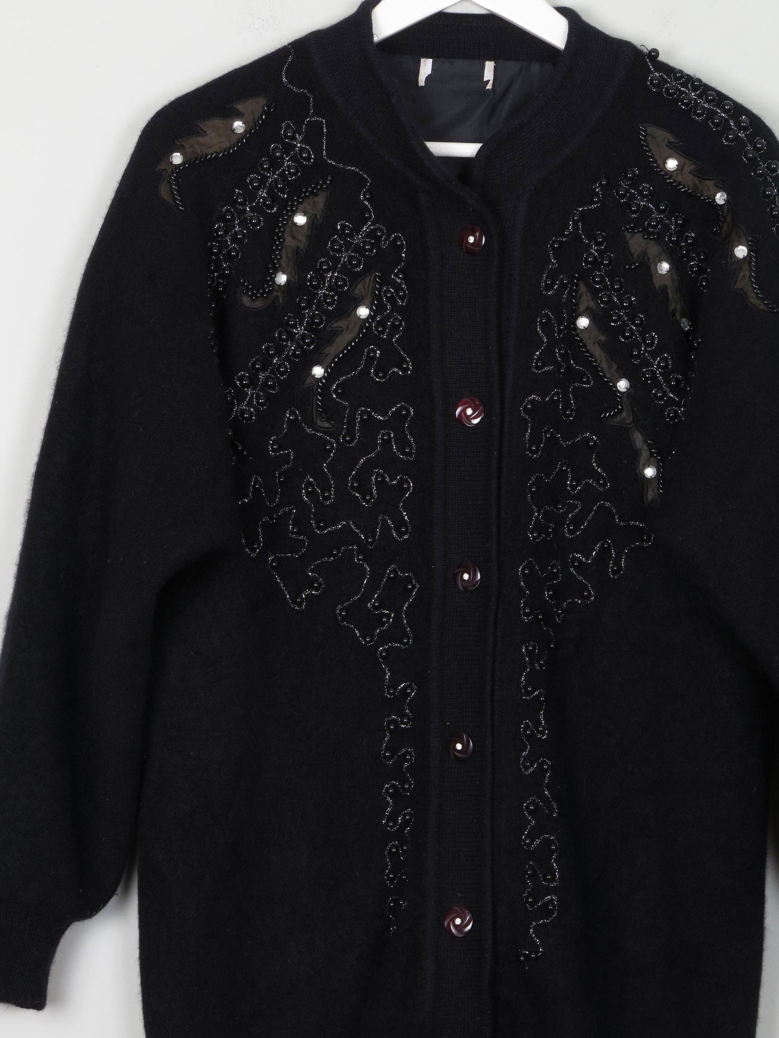 Women's Black Vintage Wool Cardigan With Beads & Lurex Trims S/M - The Harlequin