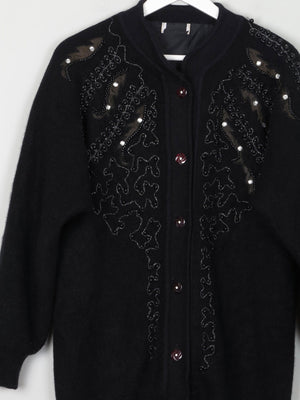 Women's Black Vintage Wool Cardigan With Beads & Lurex Trims S/M - The Harlequin
