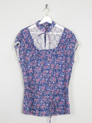 Women’s Blue Floral Printed Vintage Prairie Short Sleeved Blouse 10/12 - The Harlequin