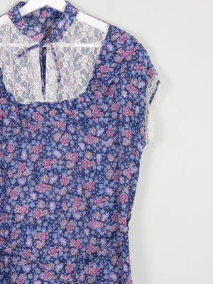 Women’s Blue Floral Printed Vintage Prairie Short Sleeved Blouse 10/12 - The Harlequin