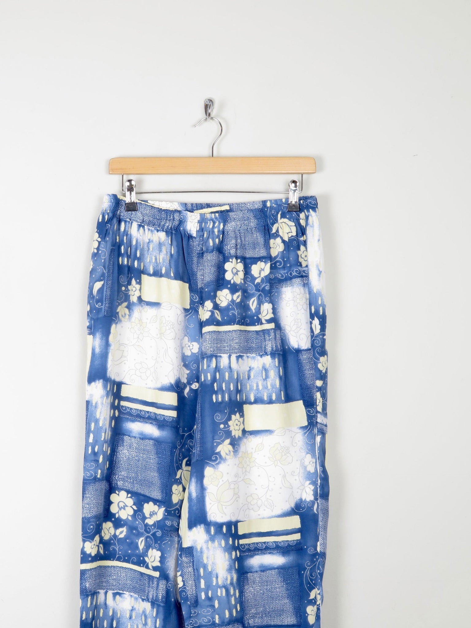 Women's Blue Printed Trousers With Elastic Waist M/L - The Harlequin