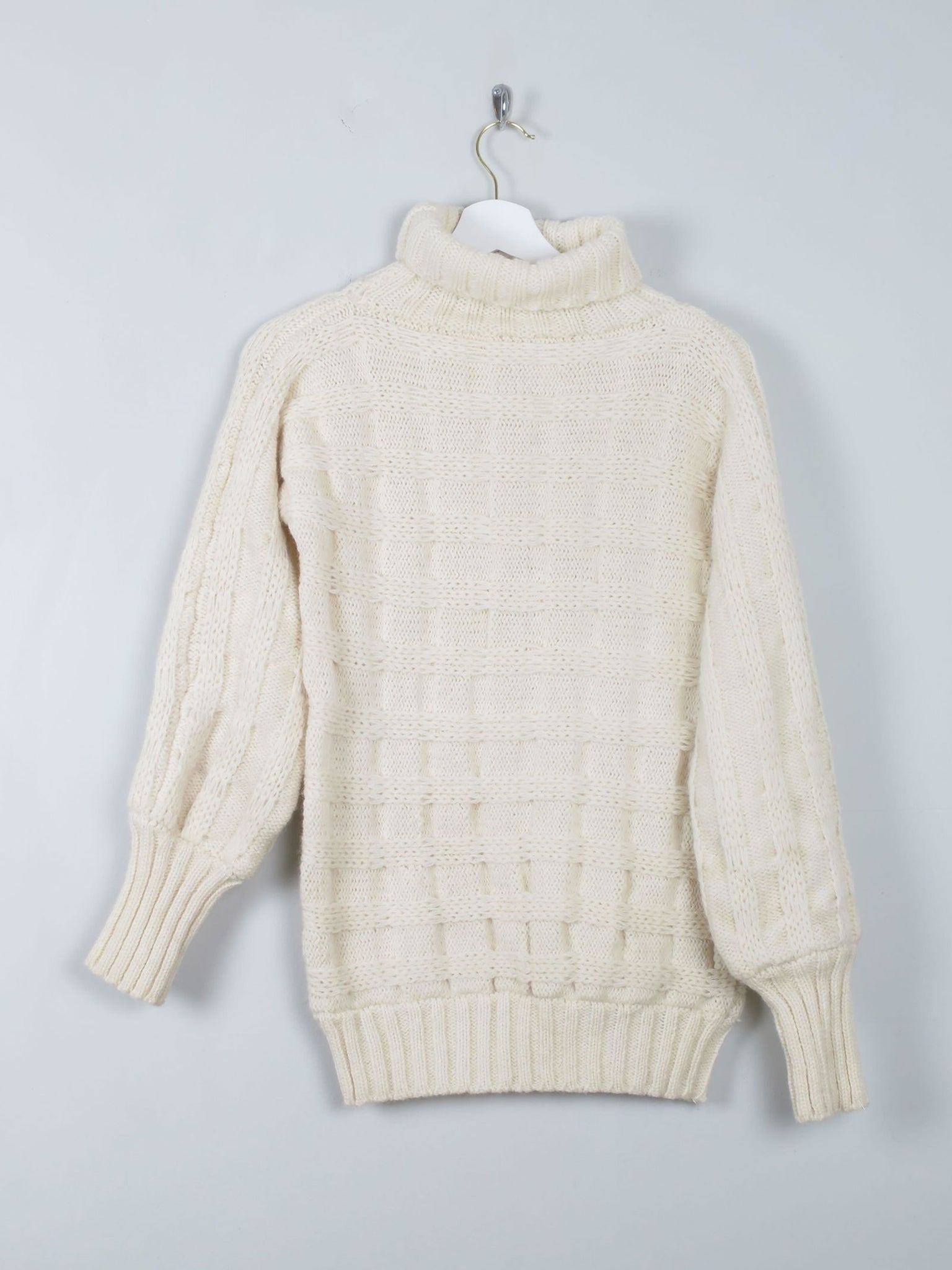 Women's Cream Wool Vintage Aran Polo Neck Jumper S/M - The Harlequin