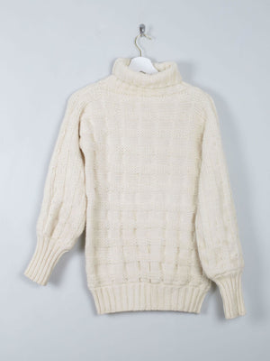 Women's Cream Wool Vintage Aran Polo Neck Jumper S/M - The Harlequin