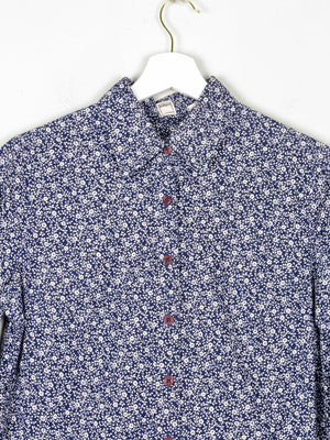 Women's Navy & White Floral Print Prairie Style Blouse With Collar 10 Approx - The Harlequin