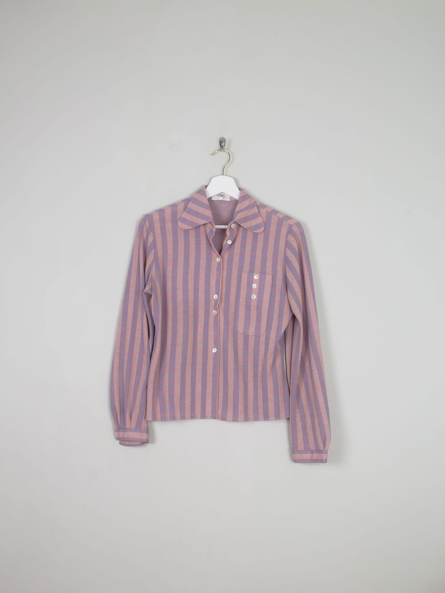 Women 's Pink Striped Vintage Blouse With Collar S - The Harlequin