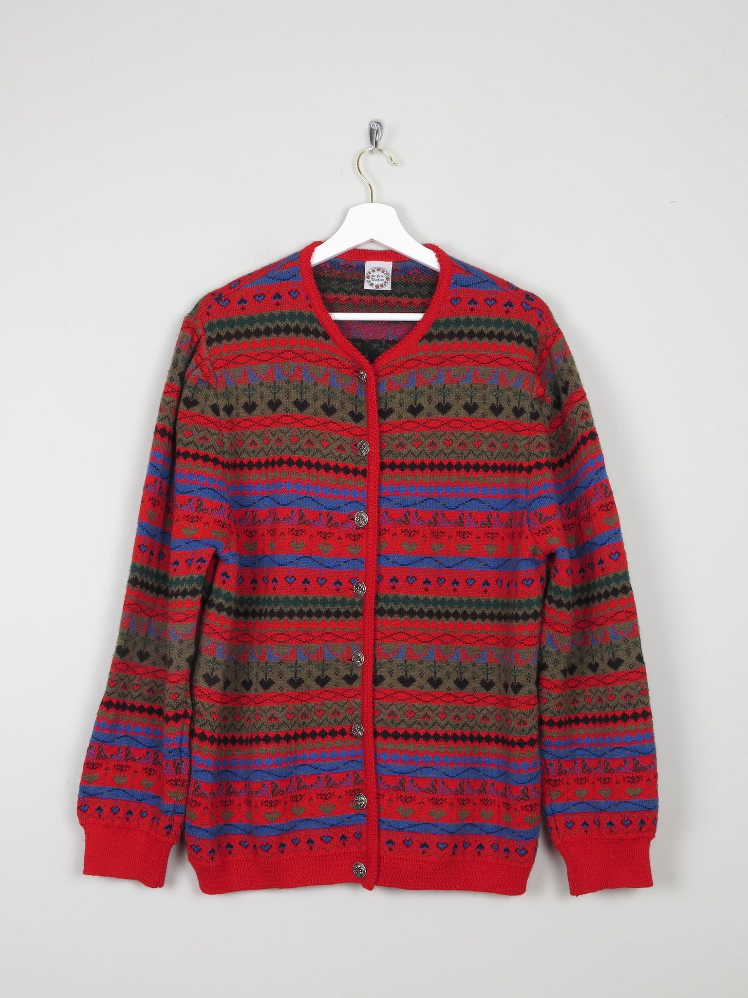 Women's Red Patterned Vintage Cardigan L /XL - The Harlequin