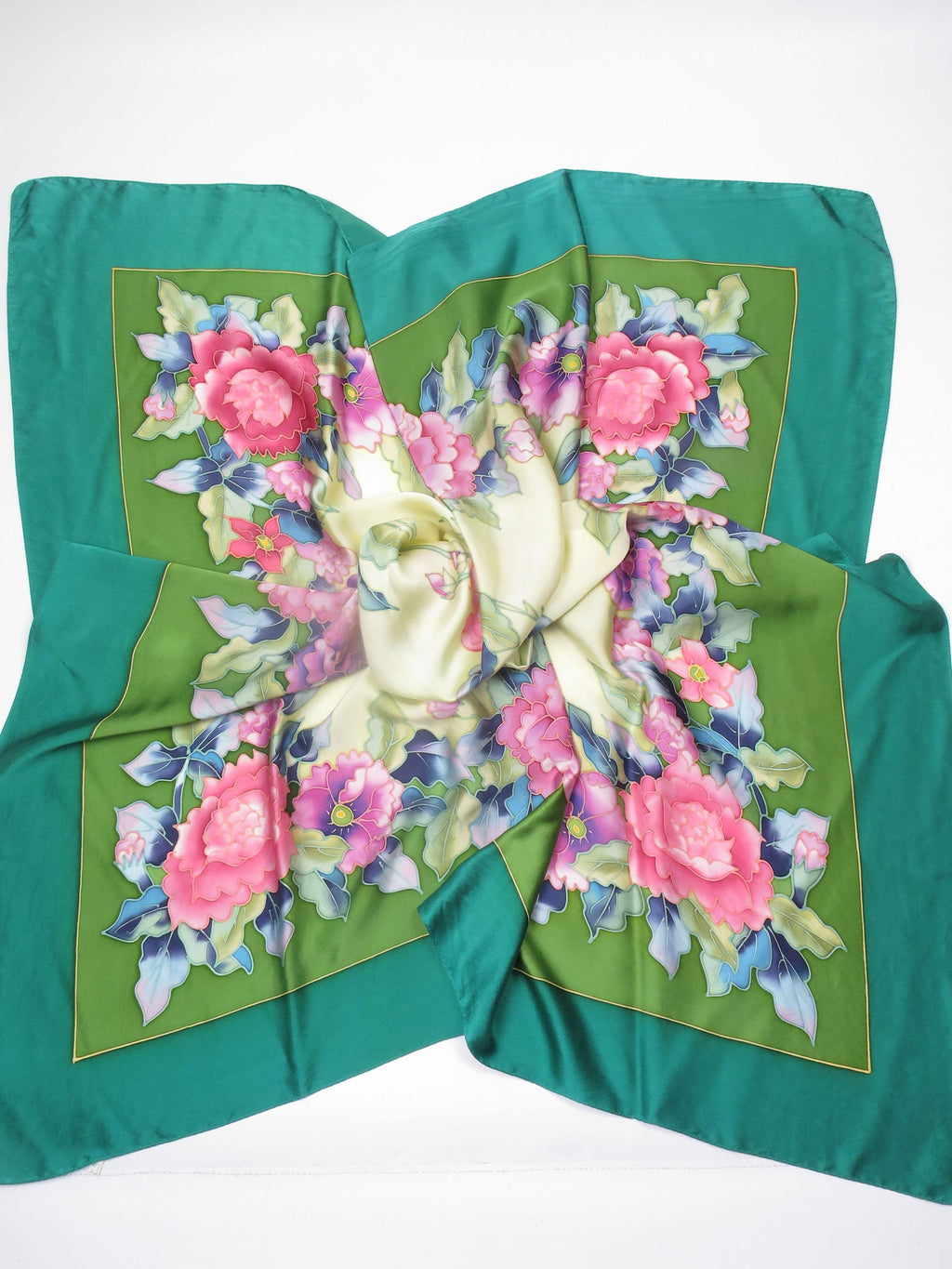 Women's Silk Large Vintage Scarf Green Printed - The Harlequin