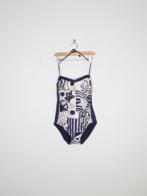 Women’s Vintage Beach Print Navy Swimsuit M - The Harlequin