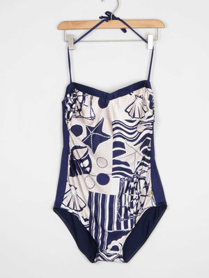 Women’s Vintage Beach Print Navy Swimsuit M - The Harlequin
