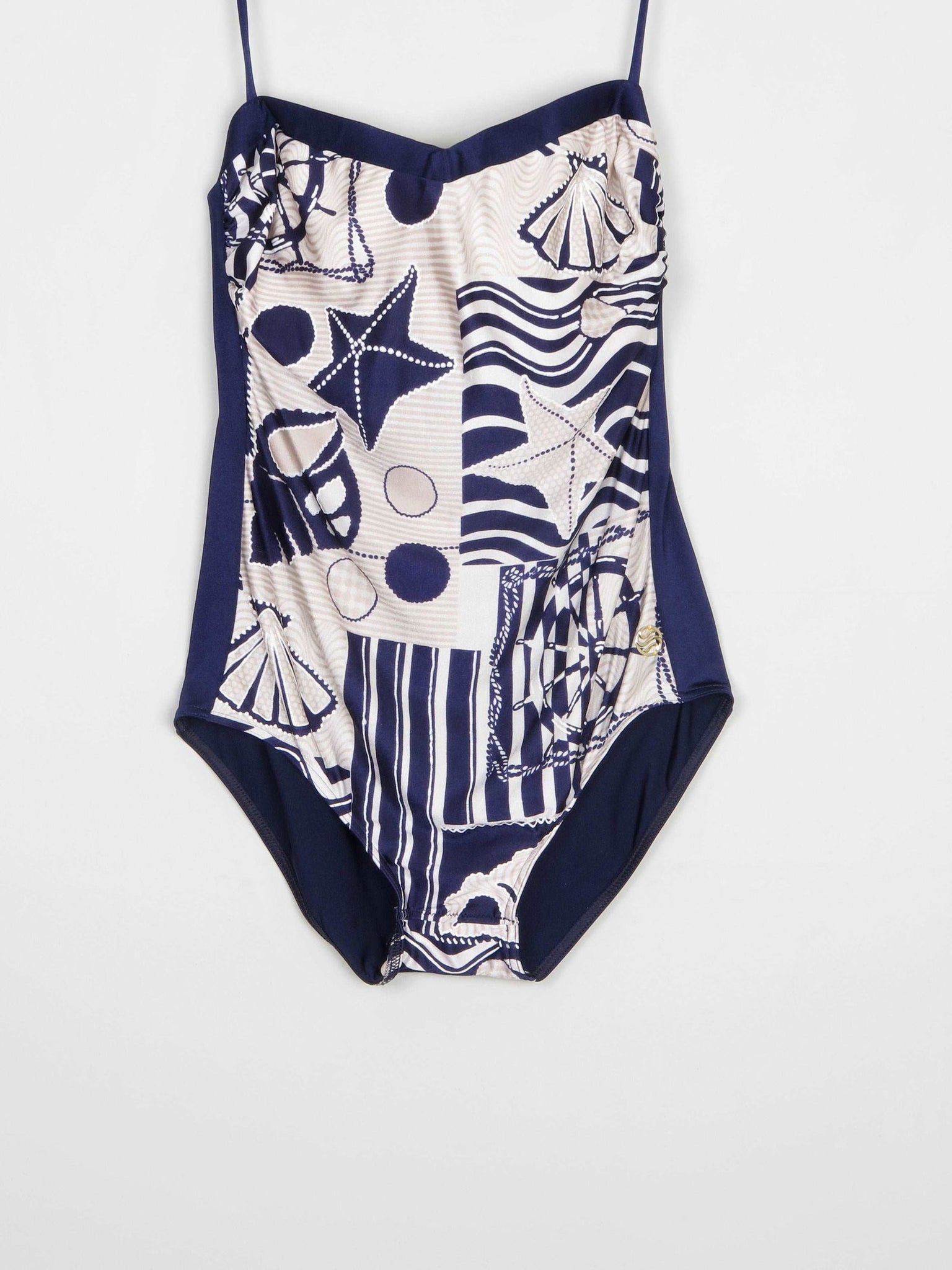 Women’s Vintage Beach Print Navy Swimsuit M - The Harlequin