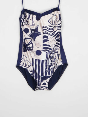Women’s Vintage Beach Print Navy Swimsuit M - The Harlequin