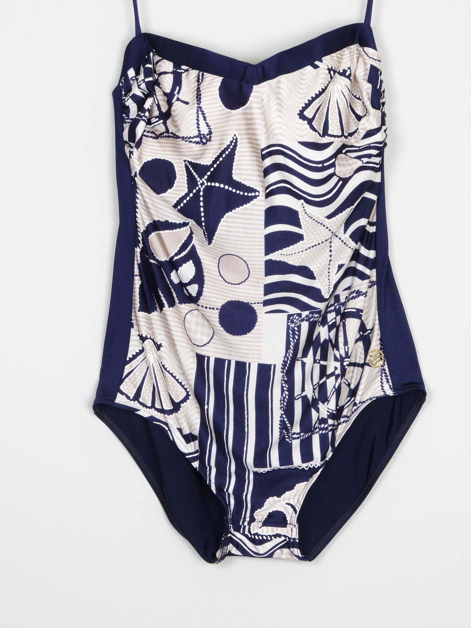 Women’s Vintage Beach Print Navy Swimsuit M - The Harlequin