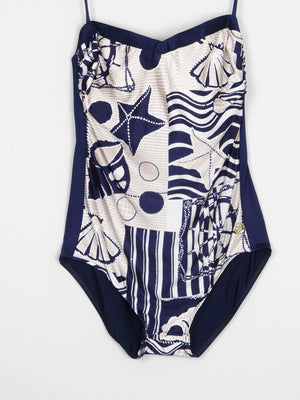 Women’s Vintage Beach Print Navy Swimsuit M - The Harlequin