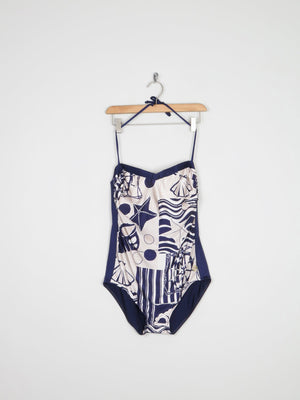 Women’s Vintage Beach Print Navy Swimsuit M - The Harlequin