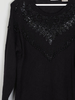 Women's Vintage Black Beaded Longline Jumper M/L - The Harlequin