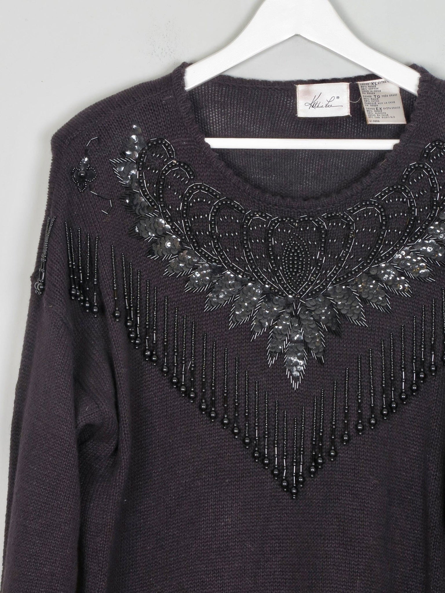 Women's Vintage Black Beaded Longline Jumper M/L - The Harlequin
