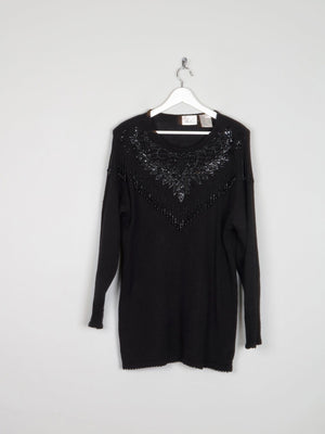 Women's Vintage Black Beaded Longline Jumper M/L - The Harlequin