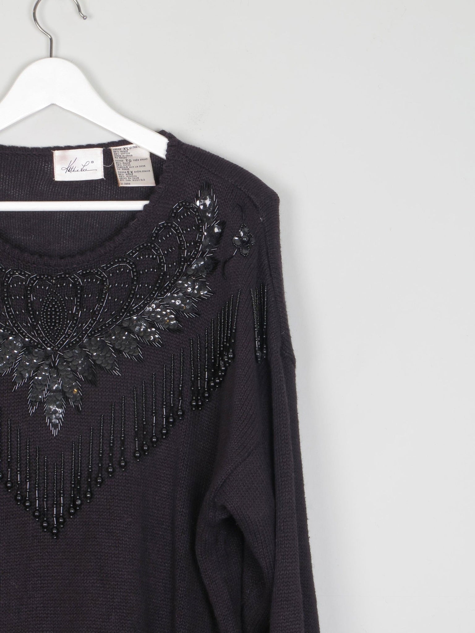 Women's Vintage Black Beaded Longline Jumper M/L - The Harlequin