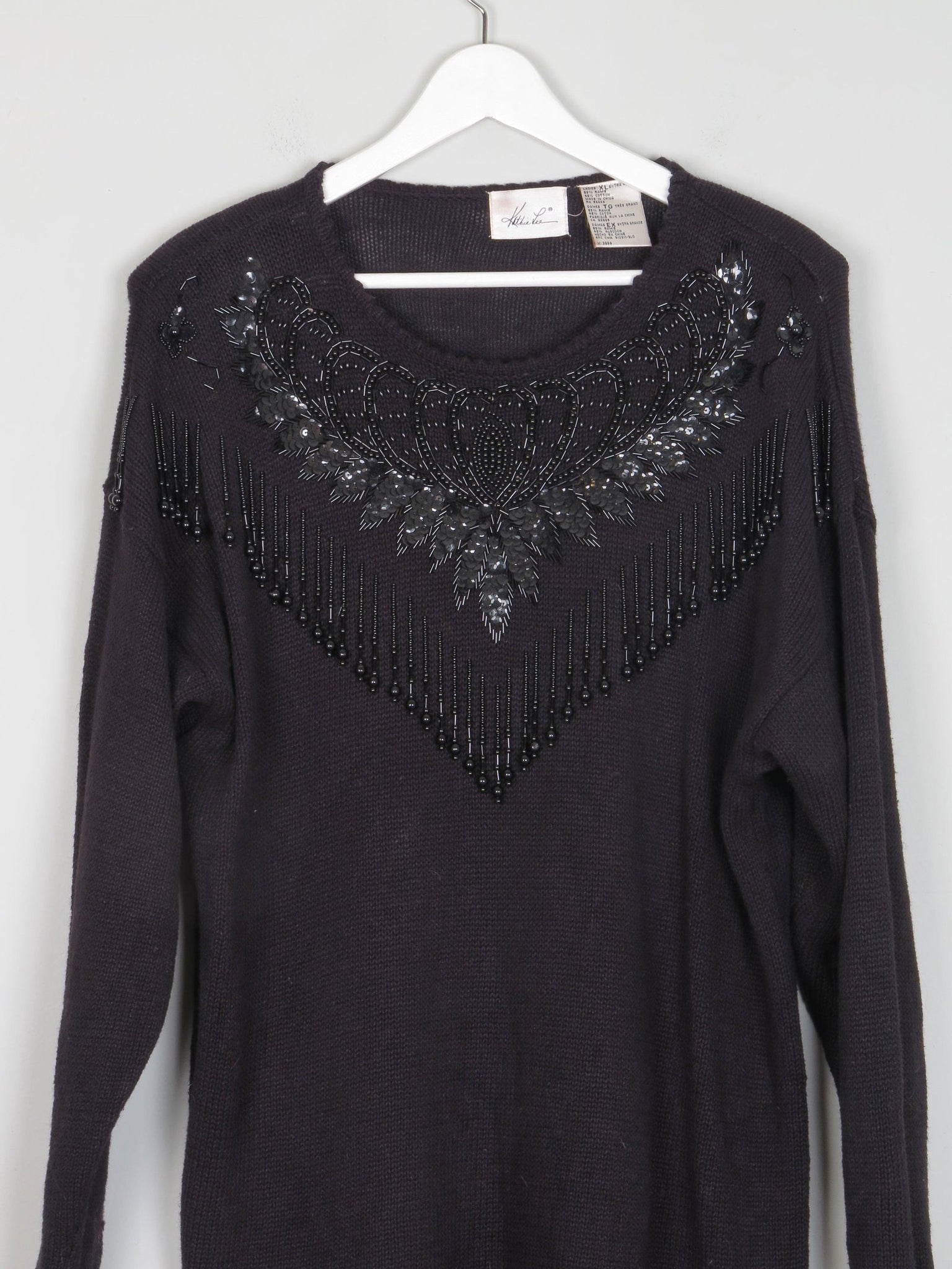 Women's Vintage Black Beaded Longline Jumper M/L - The Harlequin