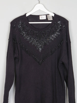 Women's Vintage Black Beaded Longline Jumper M/L - The Harlequin
