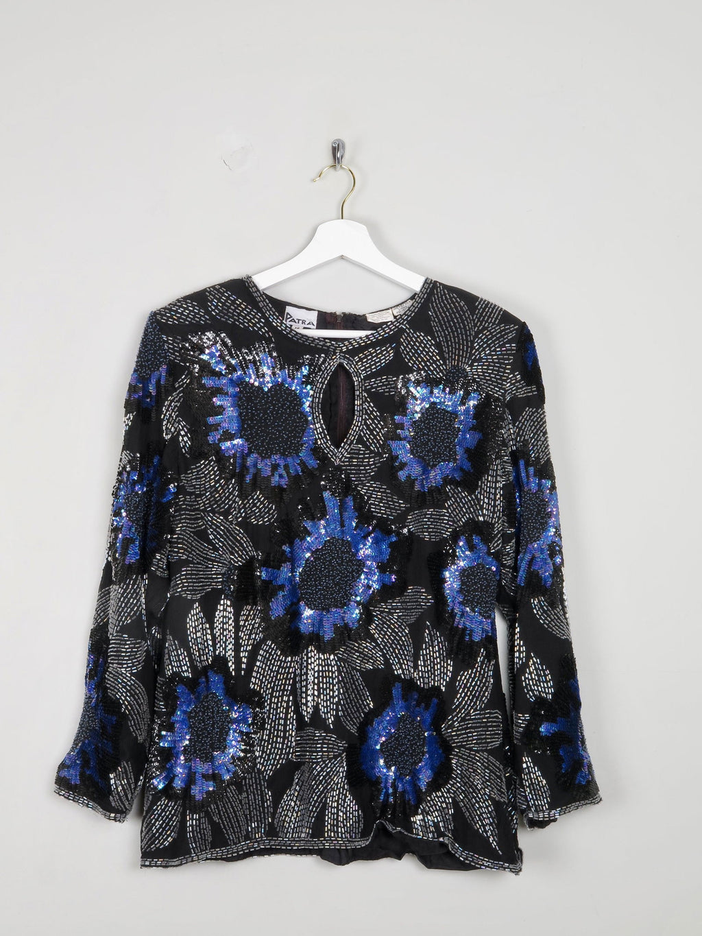 Women’s Vintage Black & Blue Beaded Long Sleeved Top M - The Harlequin