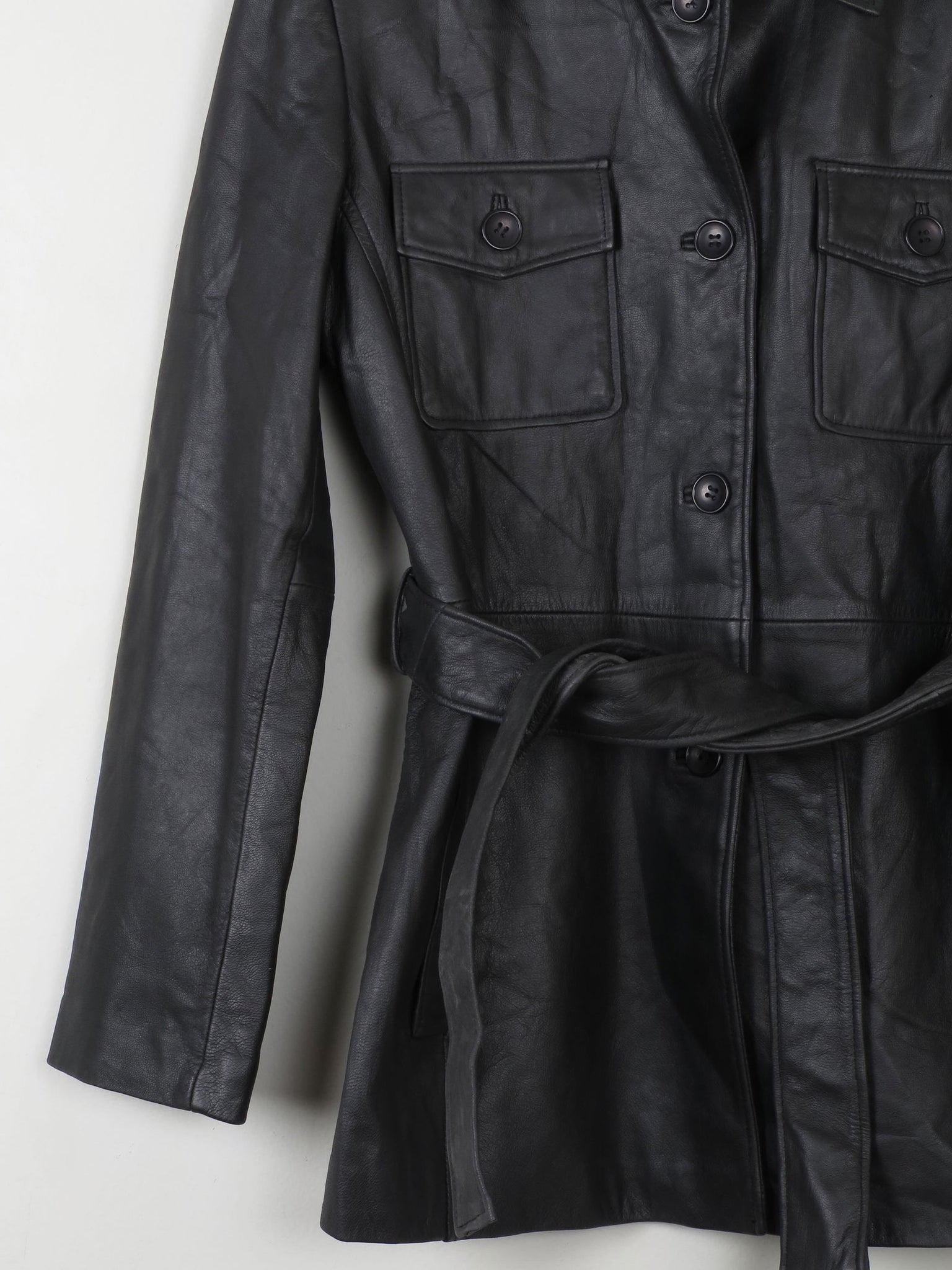 Women's Vintage Black Leather Fitted jacket With Belt M - The Harlequin
