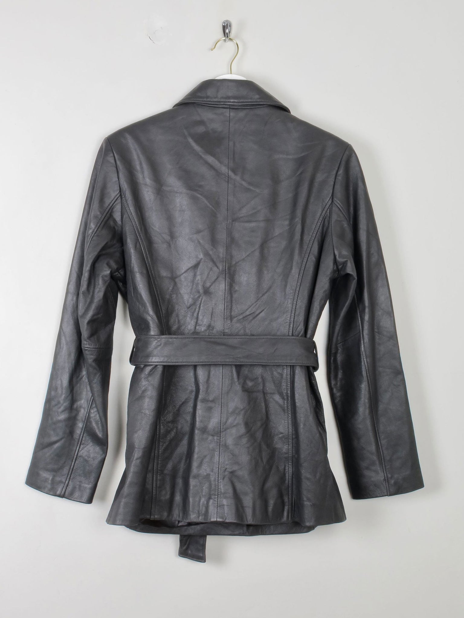 Women's Vintage Black Leather Fitted jacket With Belt M - The Harlequin