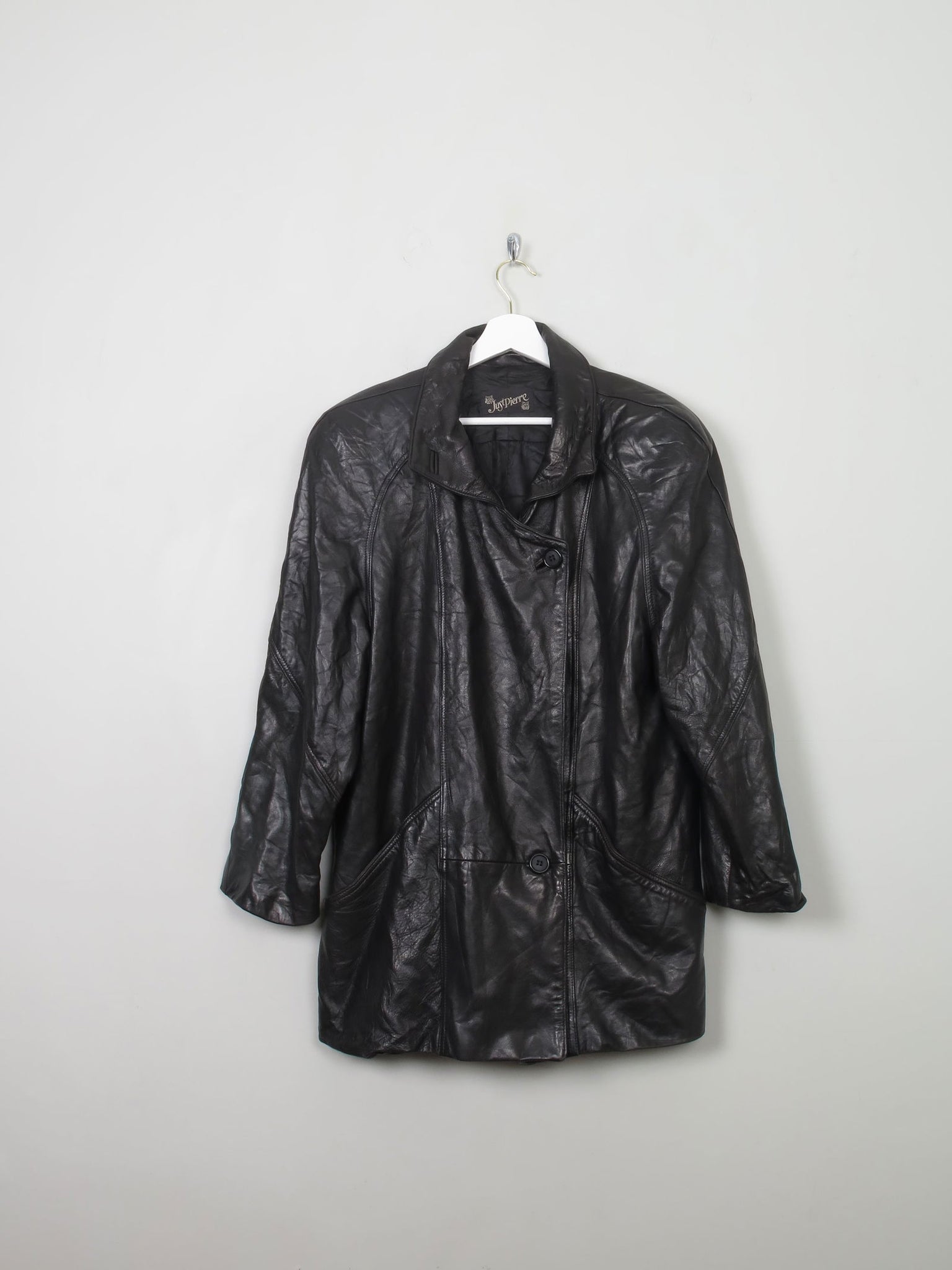 Women's Vintage Black Leather Long Jacket M/L - The Harlequin