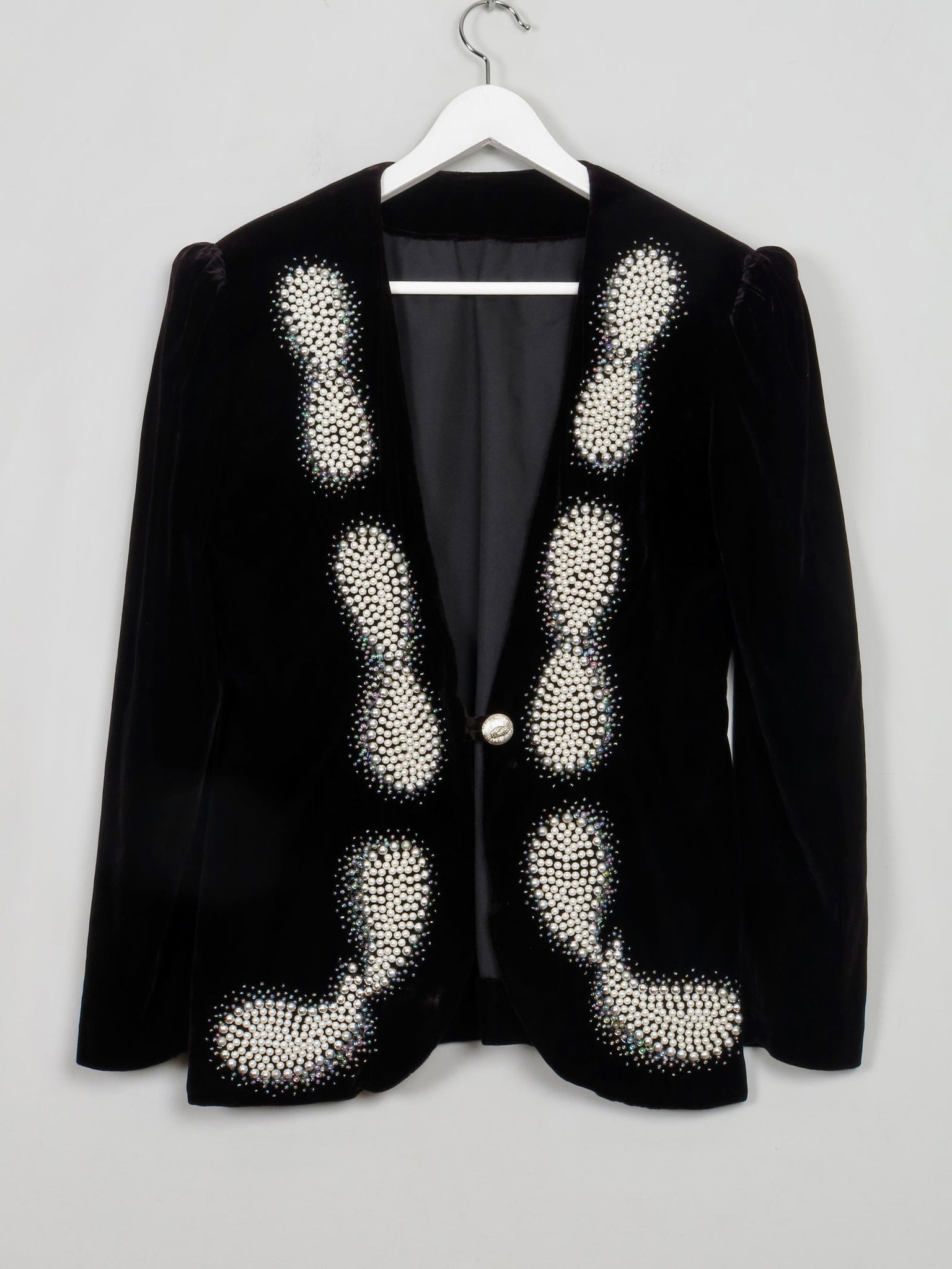 Women's Vintage Black Velvet Jacket With Pearls M - The Harlequin