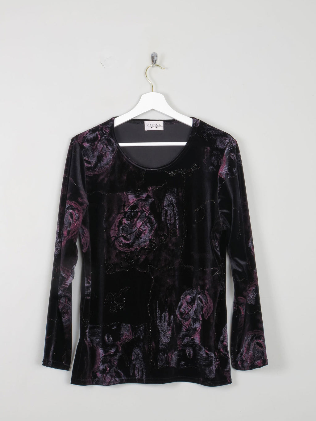Women's Vintage Black Velvet Top With Embossed Prints S - The Harlequin