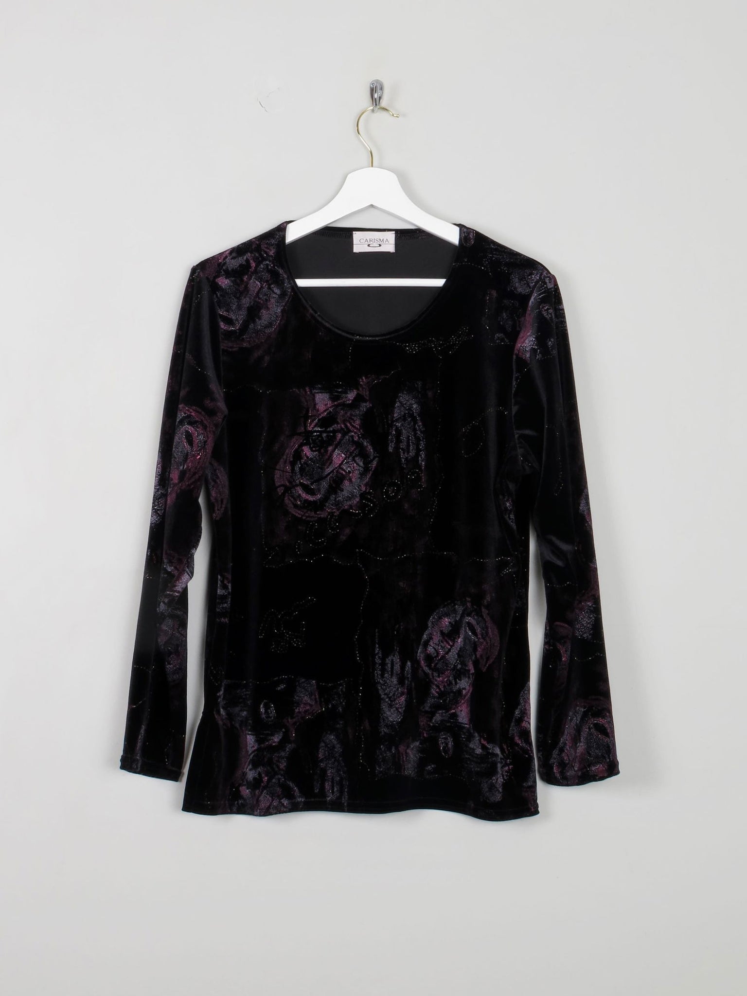 Women's Vintage Black Velvet Top With Embossed Prints S - The Harlequin