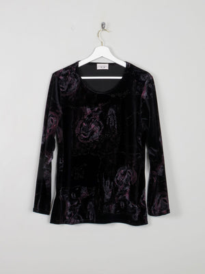 Women's Vintage Black Velvet Top With Embossed Prints S - The Harlequin