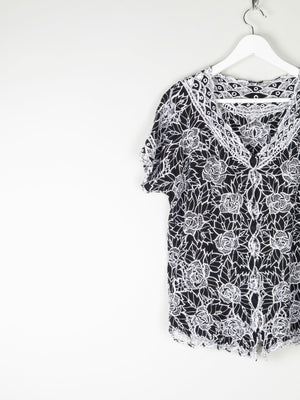 Women's Vintage Black & White Lace Blouse M - The Harlequin