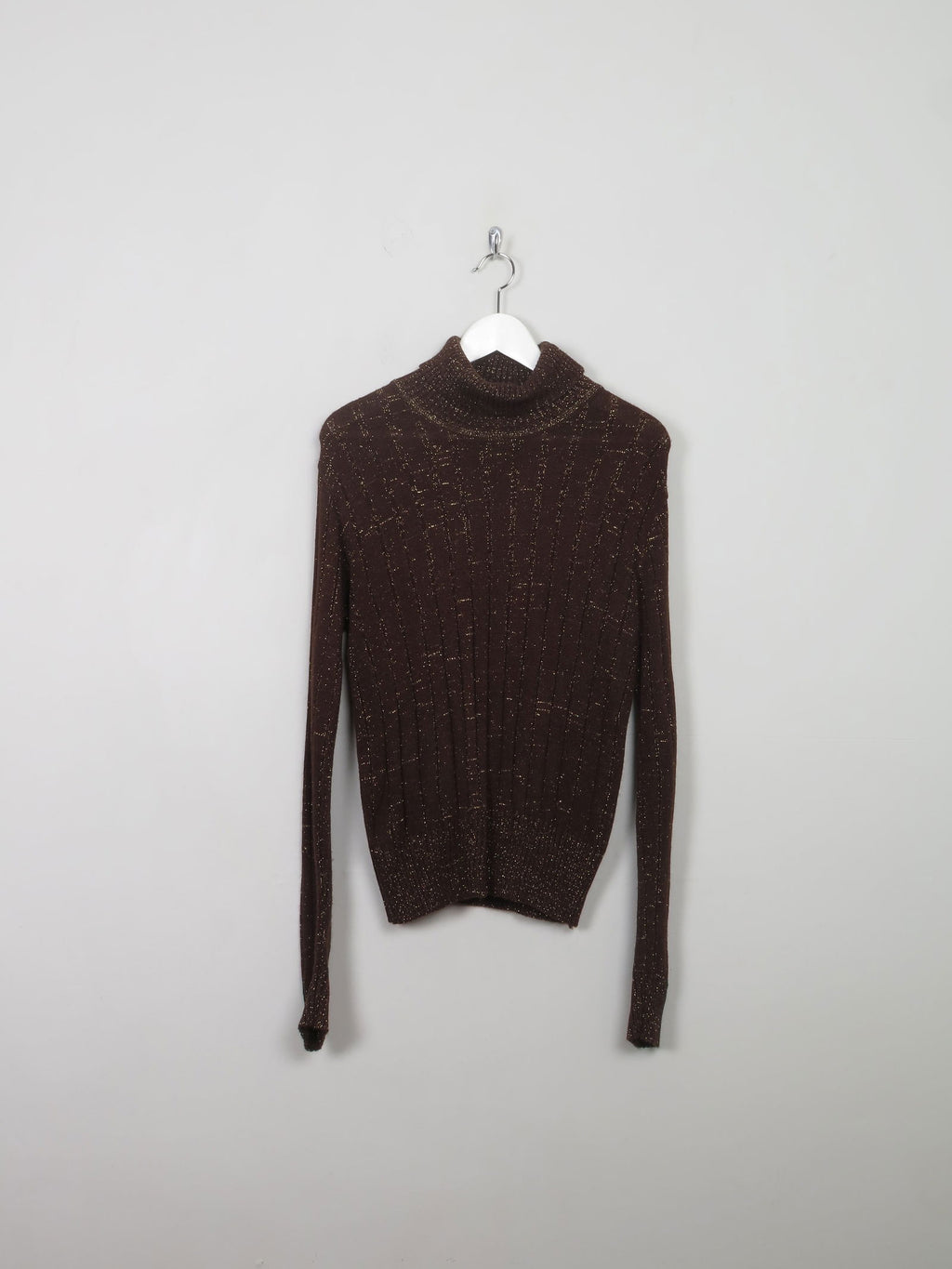 Women's Vintage Brown & Gold Polo Neck Top M/L - The Harlequin