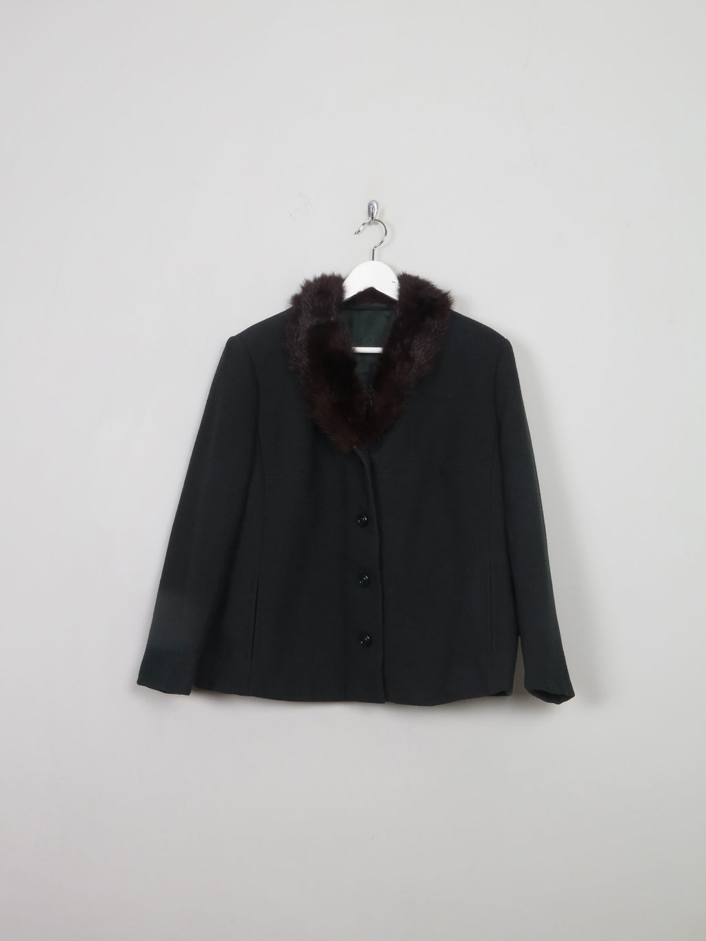 Women's Vintage Green Wool Jacket With Fur Collar L - The Harlequin