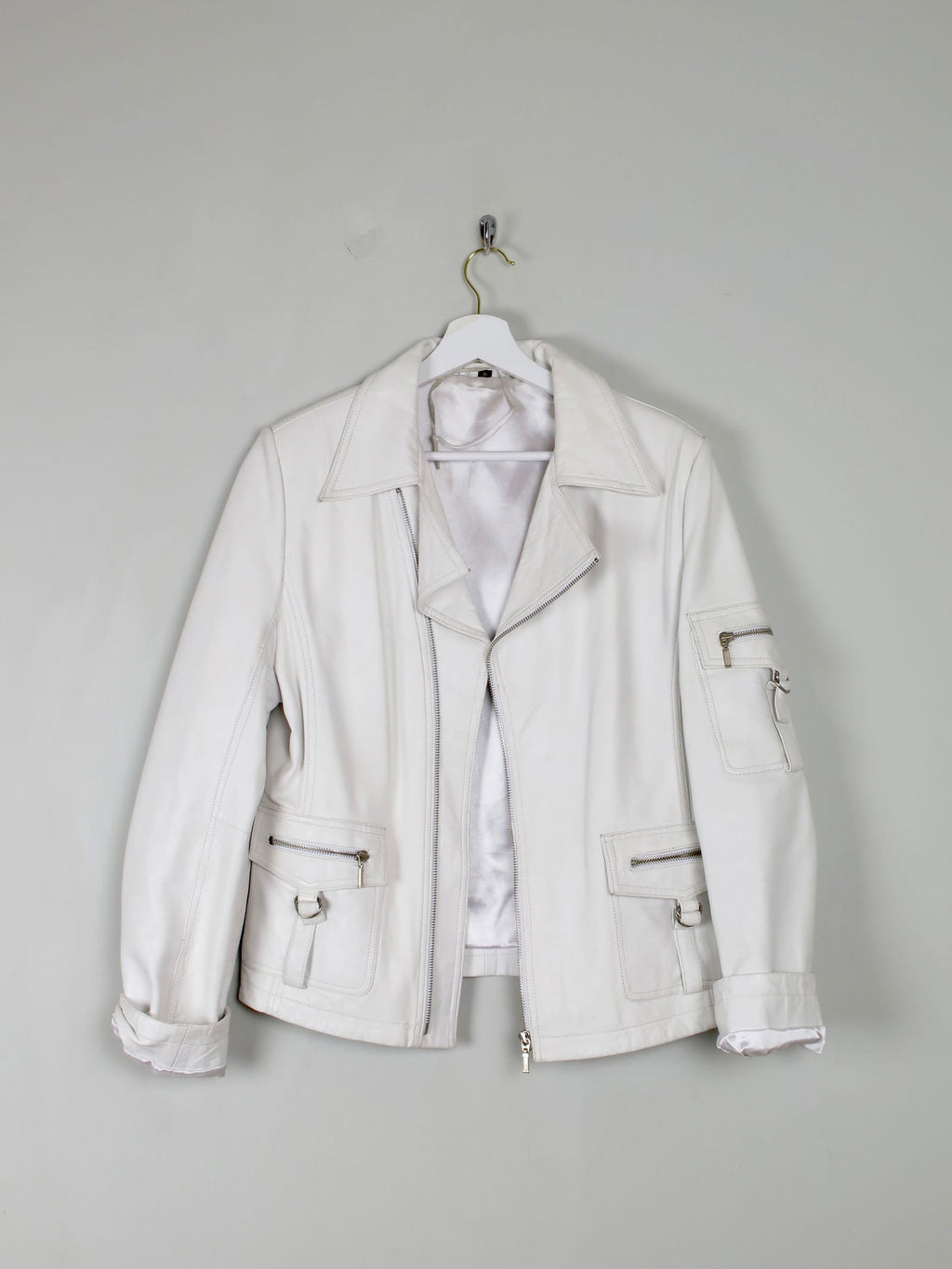 Women's Vintage Leather Biker Jacket Ivory Like New  S-L - The Harlequin
