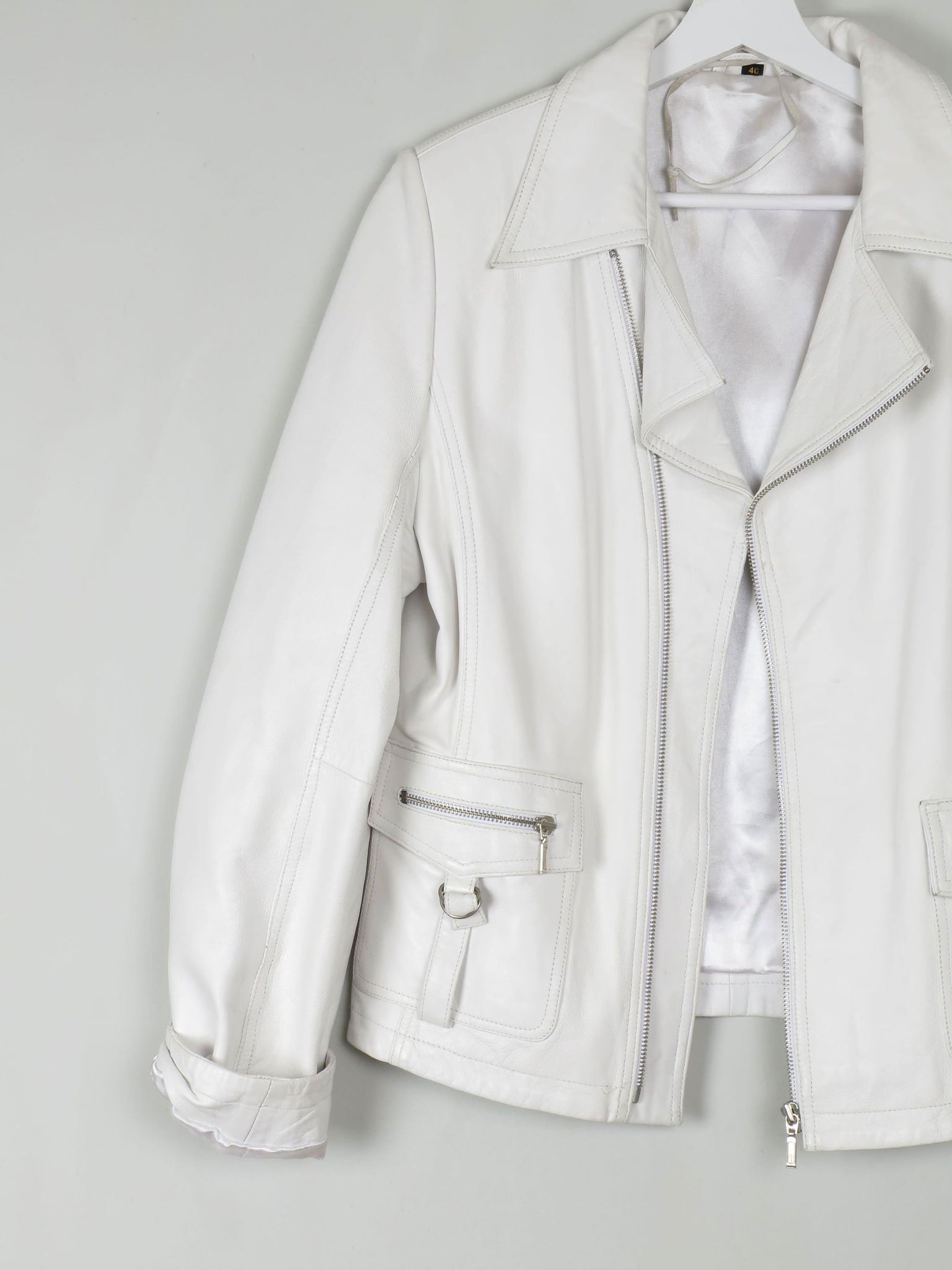 Women's Vintage Leather Biker Jacket Ivory Like New  S-L - The Harlequin