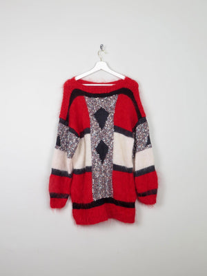 Women's Vintage Red Mohair Patchwork Hand-knit Jumper M/L - The Harlequin