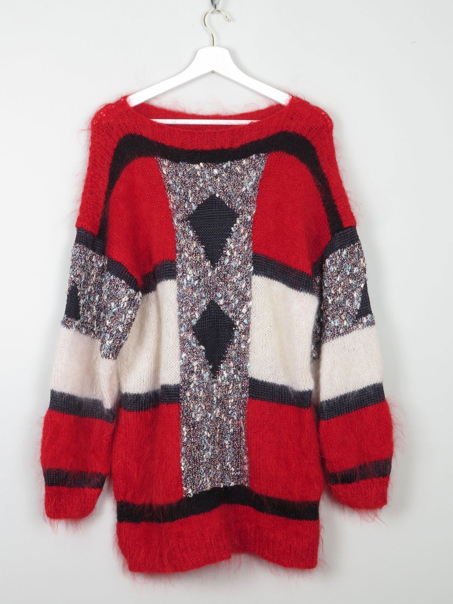 Women's Vintage Red Mohair Patchwork Hand-knit Jumper M/L - The Harlequin