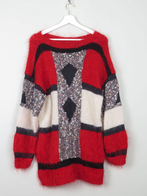 Women's Vintage Red Mohair Patchwork Hand-knit Jumper M/L - The Harlequin