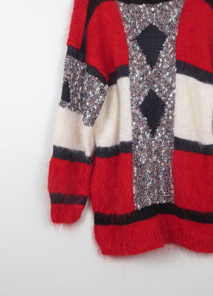 Women's Vintage Red Mohair Patchwork Hand-knit Jumper M/L - The Harlequin