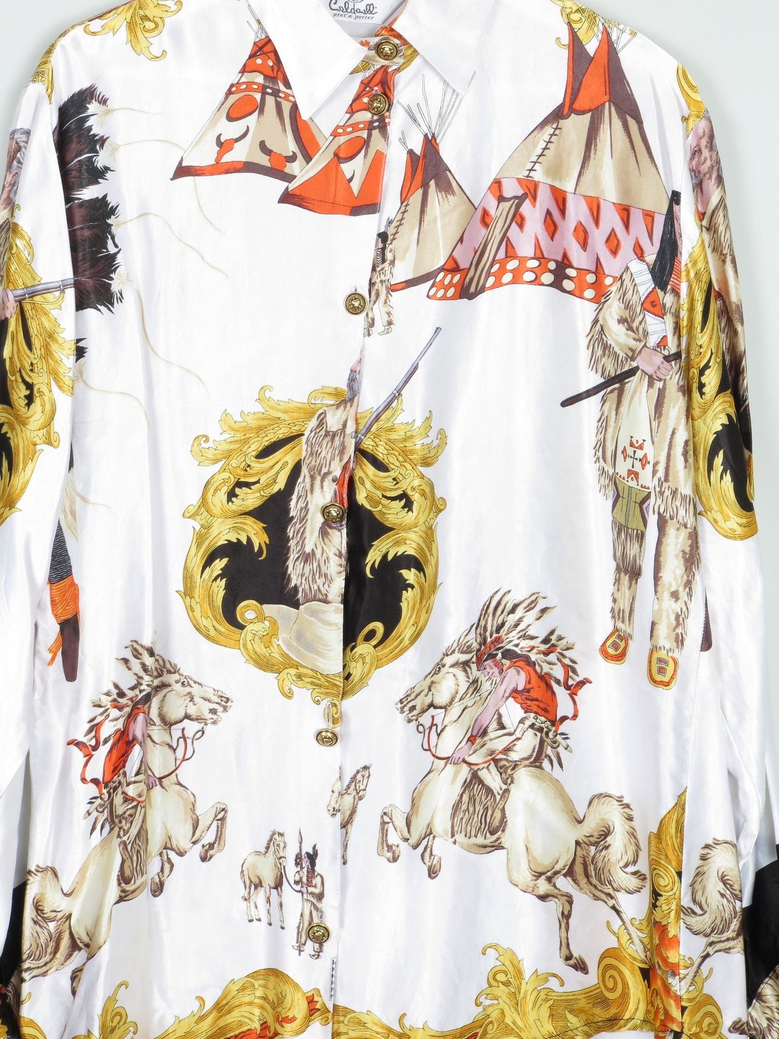 Women's Vintage Satin Printed Blouse With Collar S-L - The Harlequin