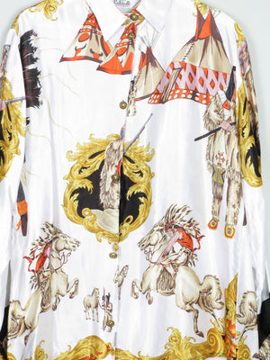 Women's Vintage Satin Printed Blouse With Collar S-L - The Harlequin