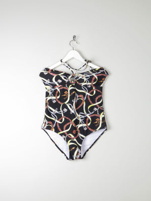 Women’s Vintage Style Halter-neck  Padded Black Swimsuit With Horse Bit Print 48 XL - The Harlequin