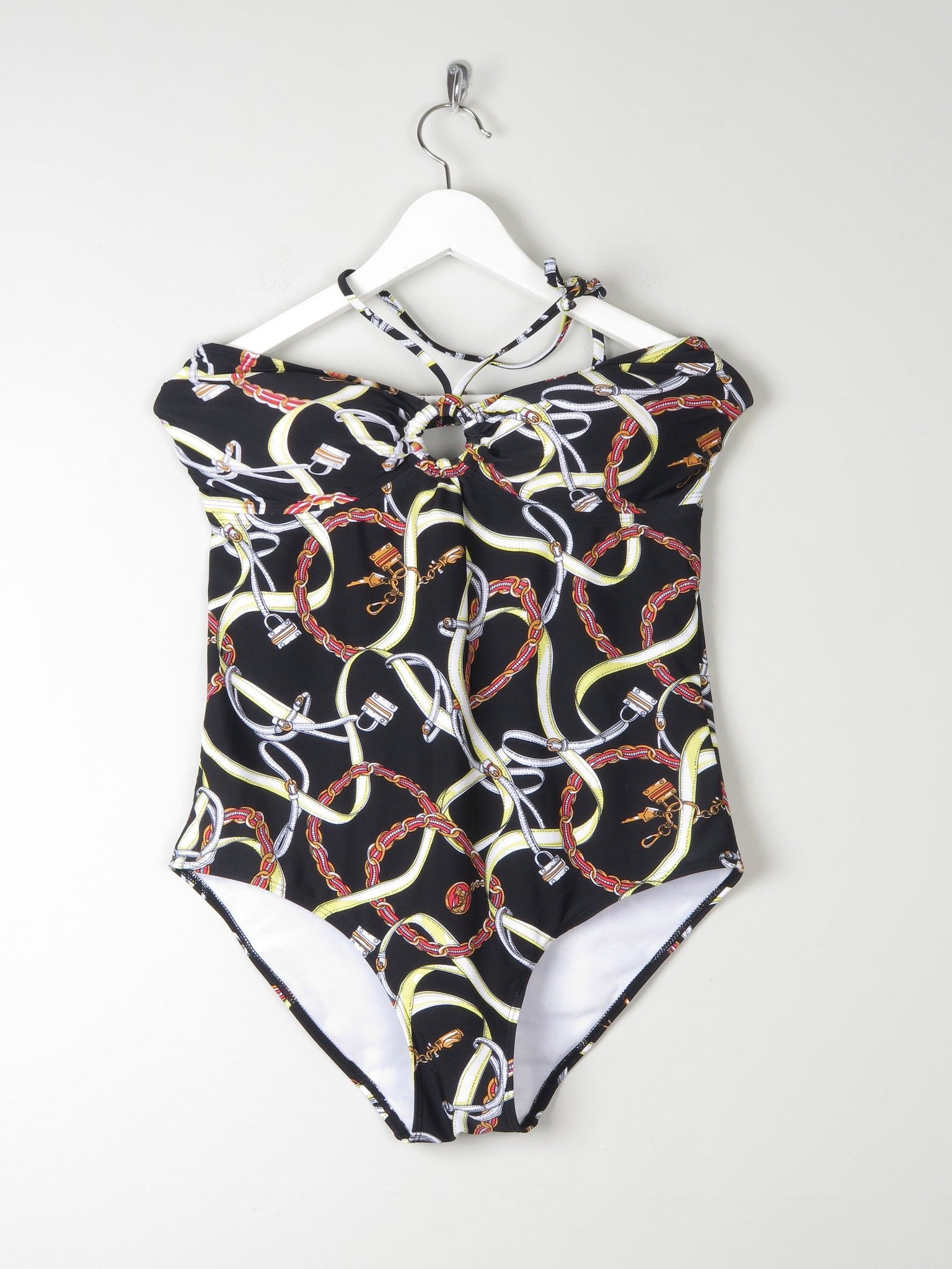 Women’s Vintage Style Halter-neck  Padded Black Swimsuit With Horse Bit Print 48 XL - The Harlequin