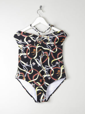 Women’s Vintage Style Halter-neck  Padded Black Swimsuit With Horse Bit Print 48 XL - The Harlequin